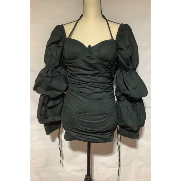 OH POLLY sz 2 black ruched tight fitting dress w/ long puff sleeves - Picture 1 of 10